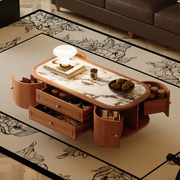 46'' Walnut Round Edge Coffee Table with Drawers Curved Cabinet Doors & Sintered Stone Top